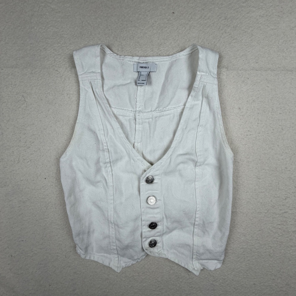 Forever 21 White Denim Cropped Vest Button Front Adjustable Back Small